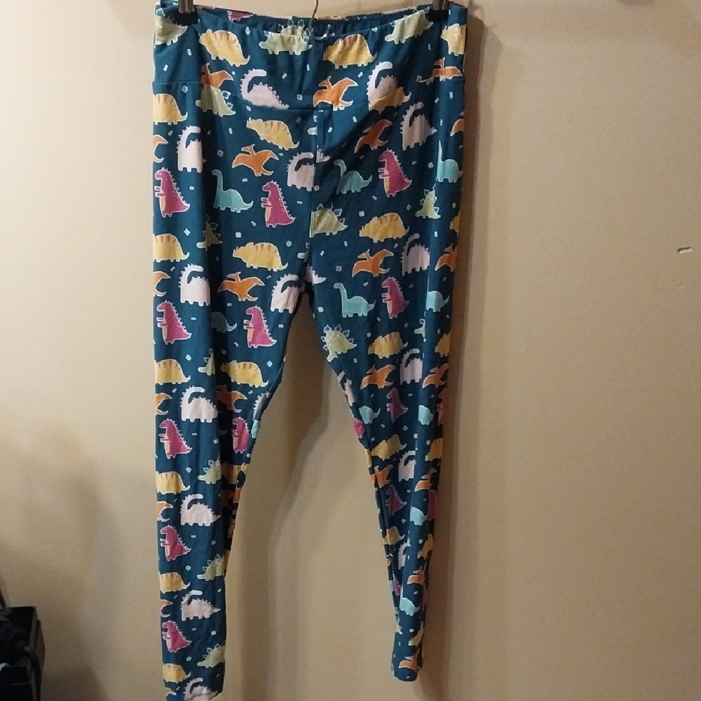 LuLaRoe Teal Leggings with Dinosaur Print